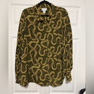 Vintage Linea by Louis Dell'Olio Pure Silk Green & Gold Chain Print Blouse Sz 3X